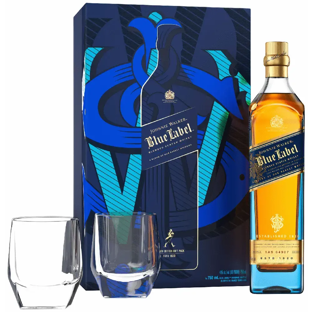 JOHNNIE WALKER BLUE LABEL LIMITED EDITION GIFT PACK W/2 GLASSES 750ML